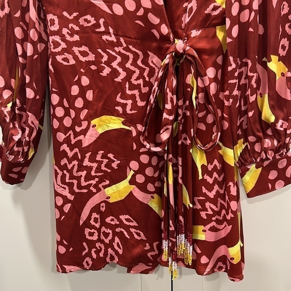 Farm Rio Toucanissimo Long Sleeve Print Beaded Tie Wrap Dress SMALL - Picture 9 of 16